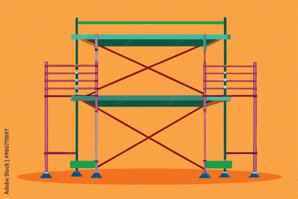 A flat illustration showcasing a scaffold with two levels and side supports on an orange backdrop, Customizable flat illustration scaffold. A flat illustration showcasing a scaffold with two levels and side supports on an orange backdrop, Customizable flat illustration scaffold.