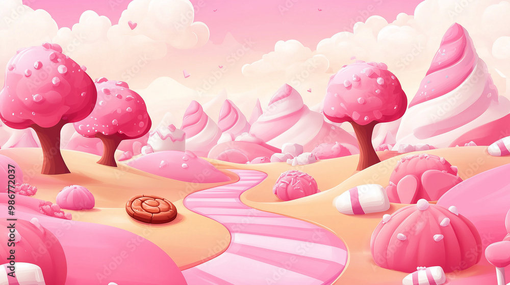 Pink candy land background for game level ui design with cookies and caramels, marshmallow trees and confectionery hills. Cartoon vector sweet dessert childish dreamland panorama with cute sugar food. Pink candy land background for game level ui design with cookies and caramels, marshmallow trees and confectionery hills. Cartoon vector sweet dessert childish dreamland panorama with cute sugar food.