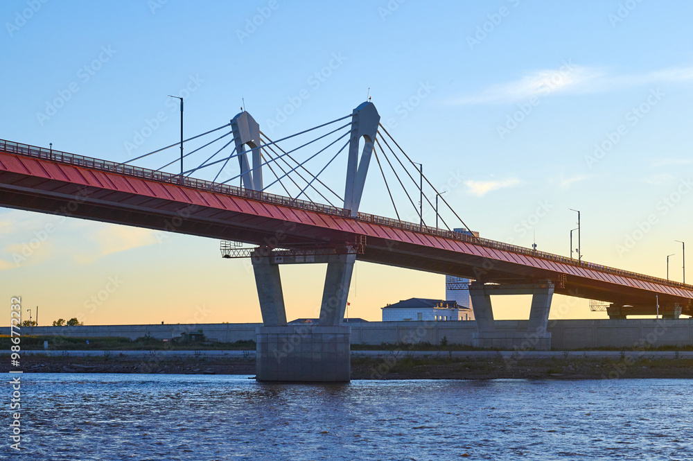Naklejka premium Cable-stayed bridge across the Amur River. Russia and China. Silk Road