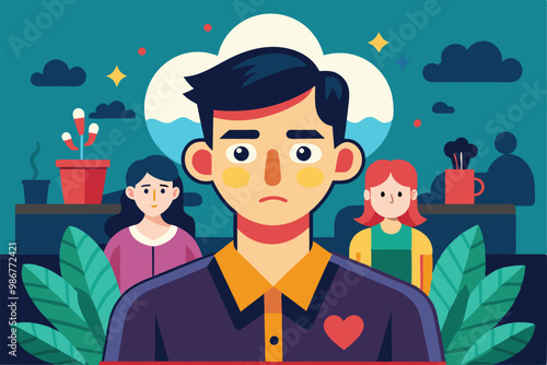 A young man with a heart on his shirt looks upset while two friends appear unconcerned in the background, Customizable flat illustration that evokes jealousy.