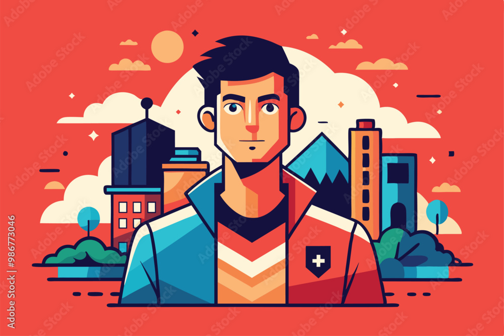 This artwork features a young man standing against a colorful city and mountain backdrop, Customizable flat illustration that is overwhelming.