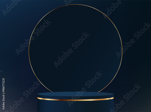 Dark blue background vector 3d with gold podium. 3D Circular Blue navy Podium with Gold Band Against Dark Background. Space for selling products on the website. Vector illustration.