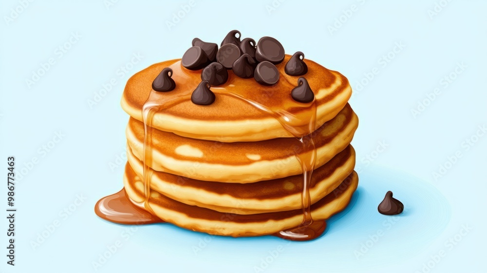 Set of pancakes stacked with chocolate chips and syrup, isolated on a pastel blue background, perfect for dessert lovers. Set of pancakes stacked with chocolate chips and syrup, isolated on a pastel blue background, perfect for dessert lovers.