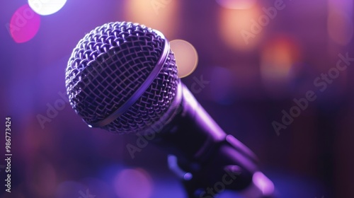 A black professional condenser microphone in a studio with a blurred background, Ai Generated photo