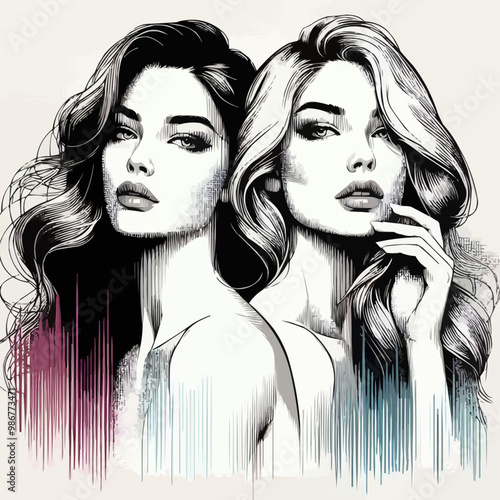 Illustration of two beautiful women staying together. Watercolor design. Women's sisterhood concept. EPS version.