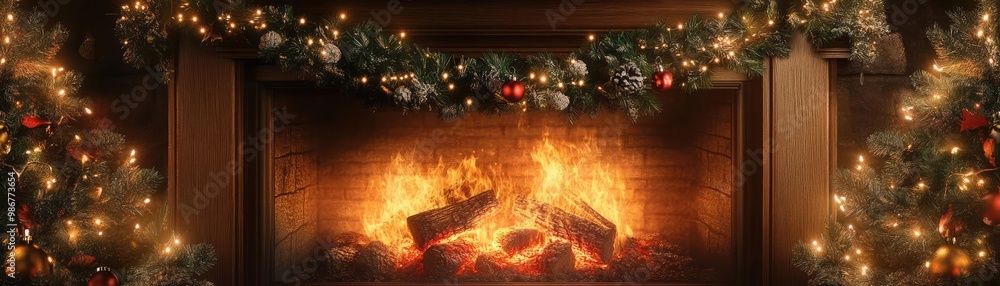 Warm and inviting Christmas fireplace adorned with greenery and lights, perfect for festive gatherings and holiday celebrations. Warm and inviting Christmas fireplace adorned with greenery and lights, perfect for festive gatherings and holiday celebrations.