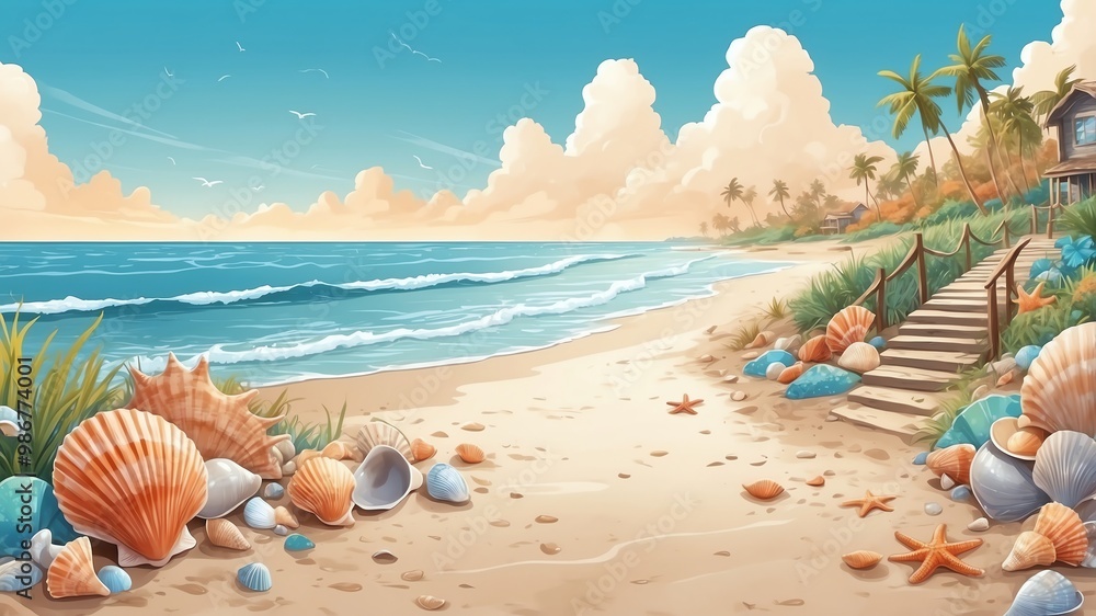 Beach Walk with Seashells Cartoon Background Design Beach Walk with Seashells Cartoon Background Design
