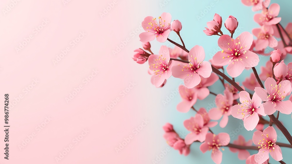 Cherry blossoms in full bloom, delicate petals, 3D illustration Cherry blossoms in full bloom, delicate petals, 3D illustration