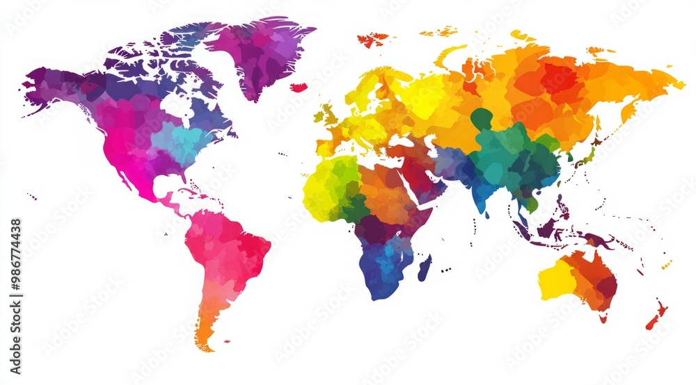 Fototapeta premium Vibrant and minimalistic world map illustration featuring continents in bold colors on a white background, showcasing a simple flat design with clean lines and ample white space