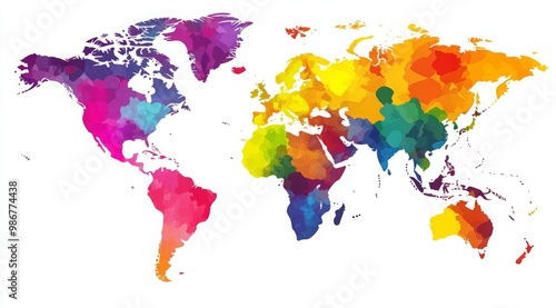 Vibrant and minimalistic world map illustration featuring continents in bold colors on a white background, showcasing a simple flat design with clean lines and ample white space