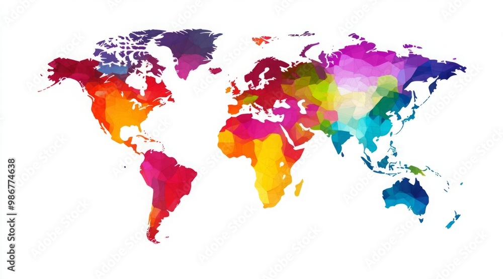 Fototapeta premium Vibrant and minimalistic world map illustration featuring continents in bold colors on a white background, showcasing a simple flat design with clean lines and ample white space