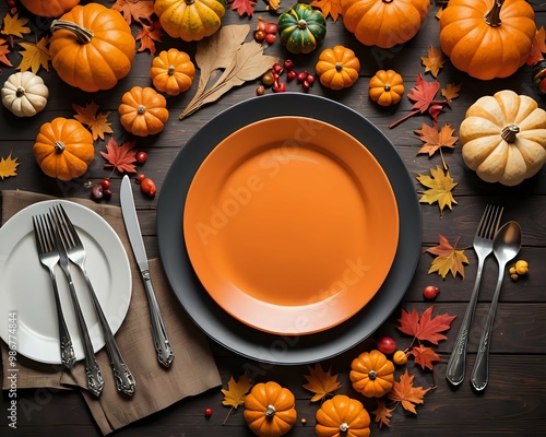 Autumn Halloween or Thanksgiving day table setting. Autumn background with an empty plate, cutlery, pumpkins. Thanksgiving background mock up. View from above. Copy space