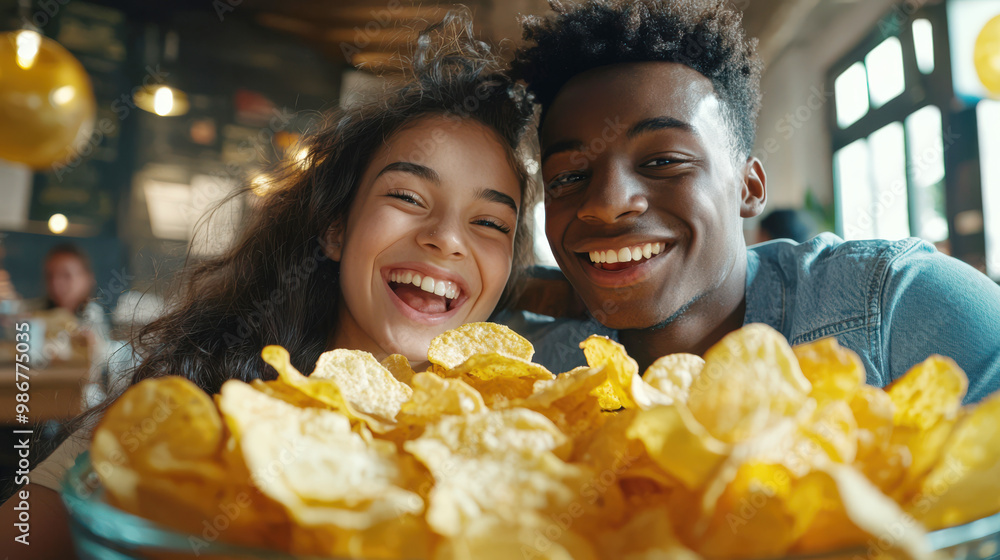 A heterosexual couple in love is sitting in a cafe in front of a large plate of potato chips. A white woman and a black man are eating crispy chips. The scene looks happy and carefree. Fast food A heterosexual couple in love is sitting in a cafe in front of a large plate of potato chips. A white woman and a black man are eating crispy chips. The scene looks happy and carefree. Fast food