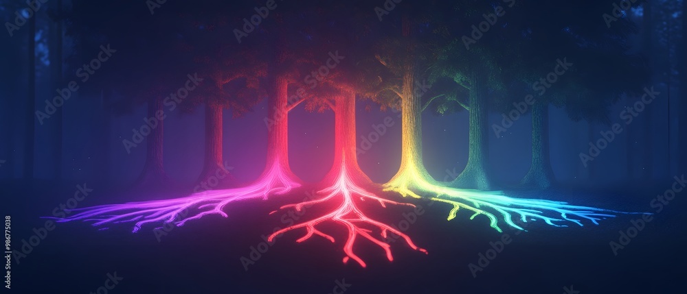 Glowing Tree Roots in Dark Forest at Night Glowing Tree Roots in Dark Forest at Night
