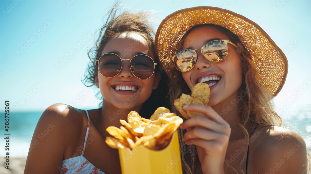 Two stylish young girlfriends are eating potato chips on the beach on a sunny day. Two women in sunglasses are smiling and eating chips by the sea. The scene is carefree and fun Two stylish young girlfriends are eating potato chips on the beach on a sunny day. Two women in sunglasses are smiling and eating chips by the sea. The scene is carefree and fun
