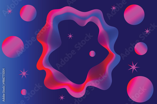 Colorful abstract contour image of a circle with stars on it  wave lines, Liquid space background design trendy color image with blend effect, suit for banner, brochure, cover, Vector illustration