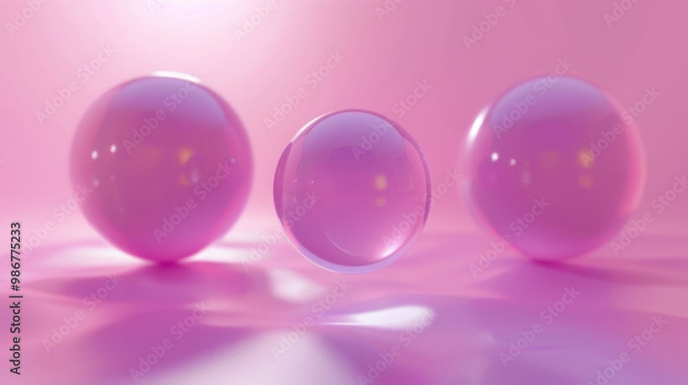 Three dimensional render of purple spheres floating against pink background - stock illustration Three dimensional render of purple spheres floating against pink background - stock illustration