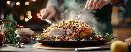 Chef preparing stuffed turkey with bread crumbs, herbs, and spices in a cozy kitchen, festive cooking, holiday recipe concept photo