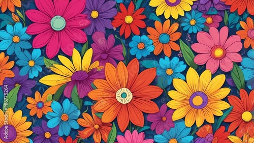 Brightly Colored Flowers in Full Bloom Cartoon Background Design