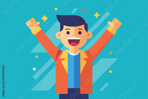 A happy individual with arms raised, expressing excitement in a lively, colorful setting, Customizable flat illustration with enthusiasm.