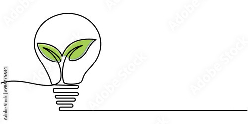 Renewable Energy Continuous Line Editable Icon, Light bulb with green leaves inside drawn by one continuous line. Single line doodle drawing of creative concept of Green energy and environmental