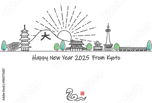 手描きの京都の観光地の街並み2025年賀状