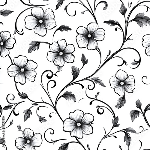 Elegant Black and White Floral Pattern with Hand-Drawn Illustrations and Intricate Details
