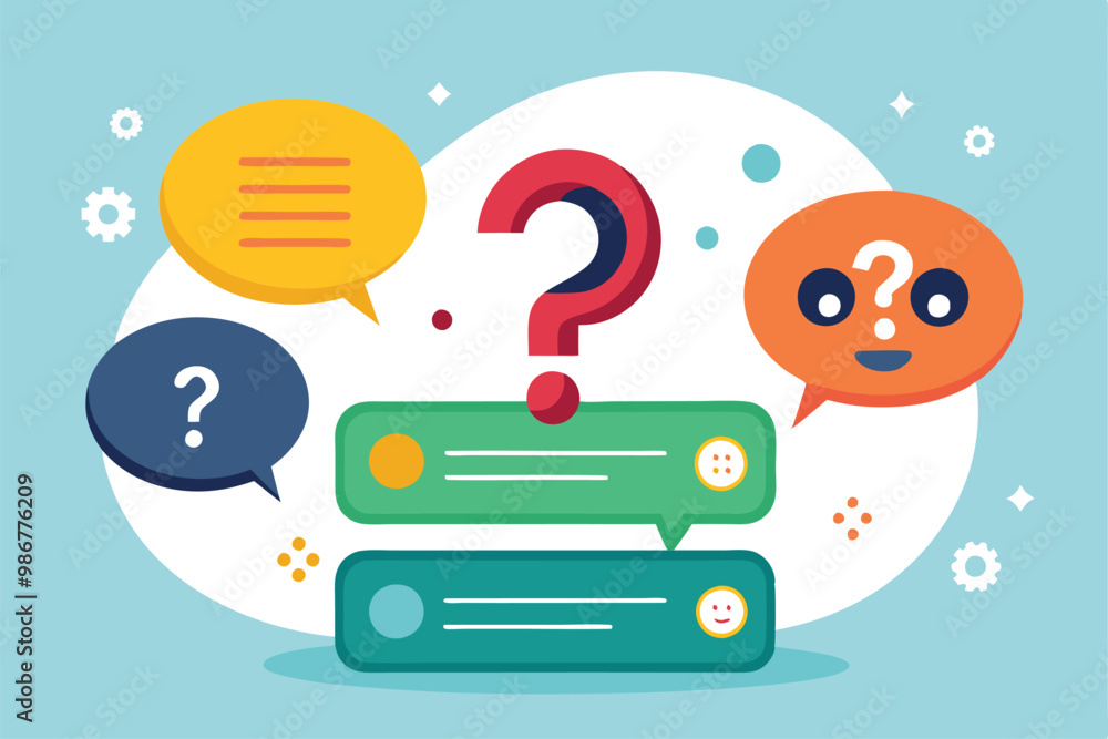 Vibrant chat bubbles display questions and emojis, creating an engaging digital communication theme, Customizable flat illustration - yes or no? Vibrant chat bubbles display questions and emojis, creating an engaging digital communication theme, Customizable flat illustration - yes or no?