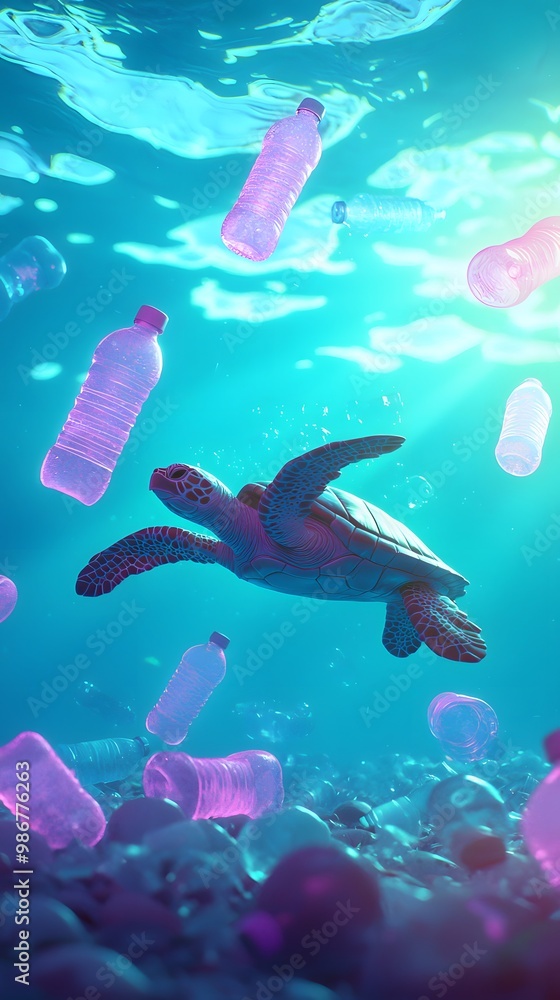 Fototapeta premium Sea Turtle Swimming Through Plastic Pollution in Ocean