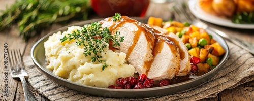 Sliced turkey breast served with rich gravy and mashed potatoes, Thanksgiving dinner, comfort food photography photo