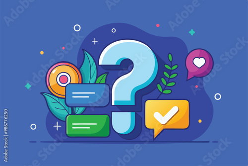 A vibrant graphic featuring a large question mark surrounded by chat bubbles and colorful leaves, Customizable flat illustration - yes or no?