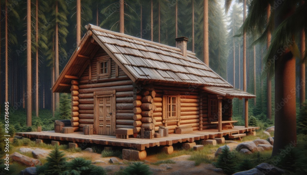 A rustic wooden cabin in a forest setting, with detailed wood texture and a backdrop of tall pine trees A rustic wooden cabin in a forest setting, with detailed wood texture and a backdrop of tall pine trees