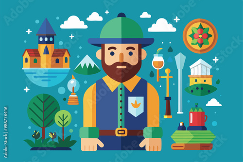 A ranger stands amidst diverse elements of nature, architecture, and outdoor gear, showcasing a vibrant setting, Customizable flat illustrations.