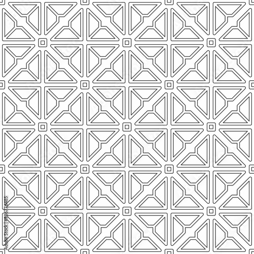 Seamless geometric pattern consisting of interlocking black and white lines forming a regular arrangement of squares. Suitable for various creative projects or decorative elements.