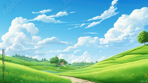 A picturesque summer day with expansive green hills, a curving path, and fluffy white clouds drifting across a clear sky