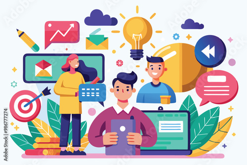 A colorful illustration features people discussing ideas, using technology, and sharing insights in a bright office, Customizable flat illustrations for brand communication.