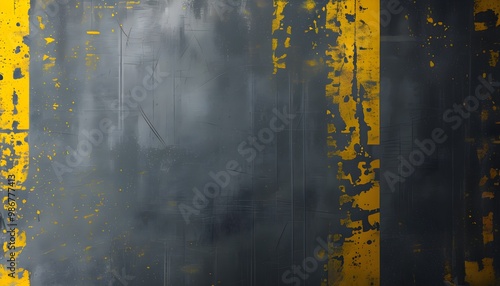 Industrial-inspired textured backdrop featuring dark gray tones with scratches, punctuated by striking yellow and black elements photo