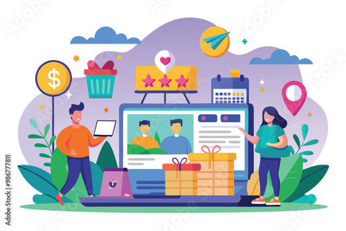 Characters engage with an ecommerce platform showcasing promotional items and consumer interaction, Customizable flat illustrations for ecommerce campaign.