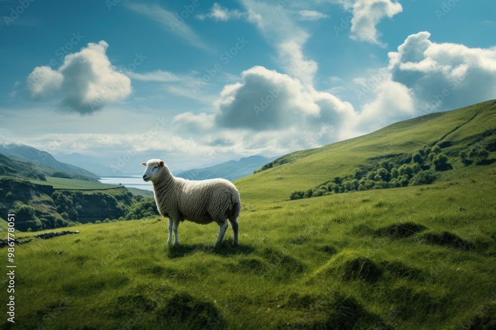 Fototapeta premium A single sheep standing alone in a lush green meadow, with a gentle breeze rustling its wool, the vast landscape stretching out in the background