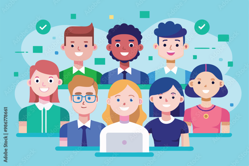 A vibrant flat illustration portrays diverse new team members collaborating with enthusiasm, Customizable flat illustrations for new team members. A vibrant flat illustration portrays diverse new team members collaborating with enthusiasm, Customizable flat illustrations for new team members.