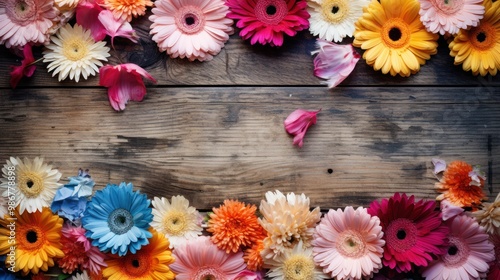 A top-down view of an assortment of colorful gerberas scattered on a rustic wooden surface,