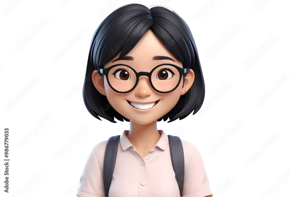 3d illustration of asian cute girl in glasses on transparent background. 3d illustration of asian cute girl in glasses on transparent background.