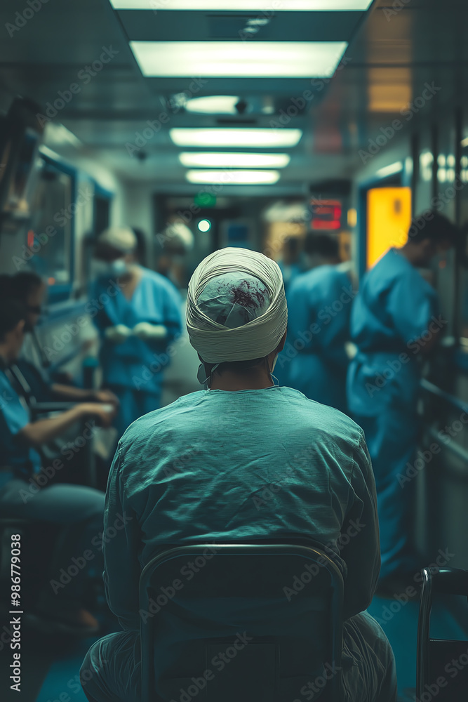 A patient sitting in the emergency room with head bandage A patient sitting in the emergency room with head bandage