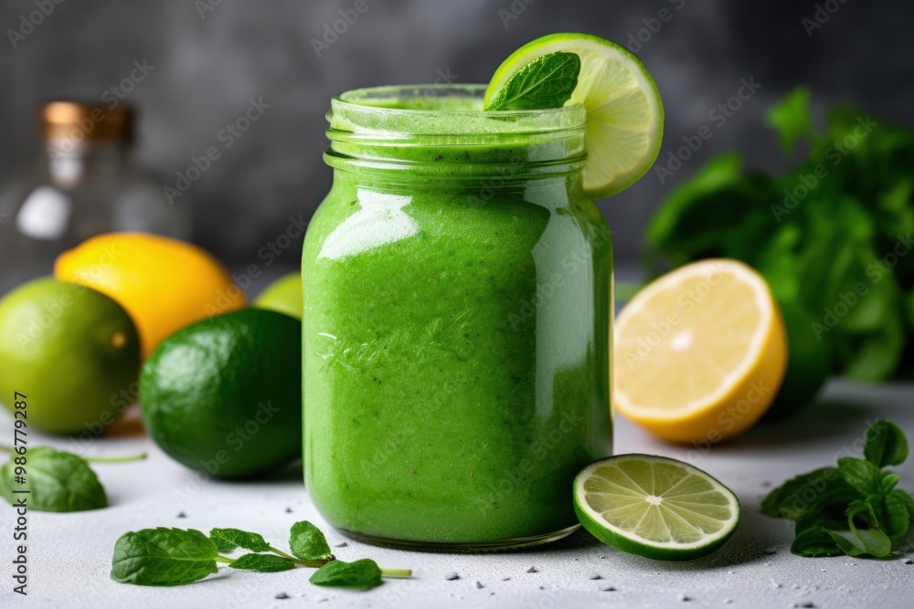 A vibrant green smoothie in a mason jar, garnished with fresh herbs and lime slices, set on a bright white surface with scattered spinach leaves and green fruit A vibrant green smoothie in a mason jar, garnished with fresh herbs and lime slices, set on a bright white surface with scattered spinach leaves and green fruit