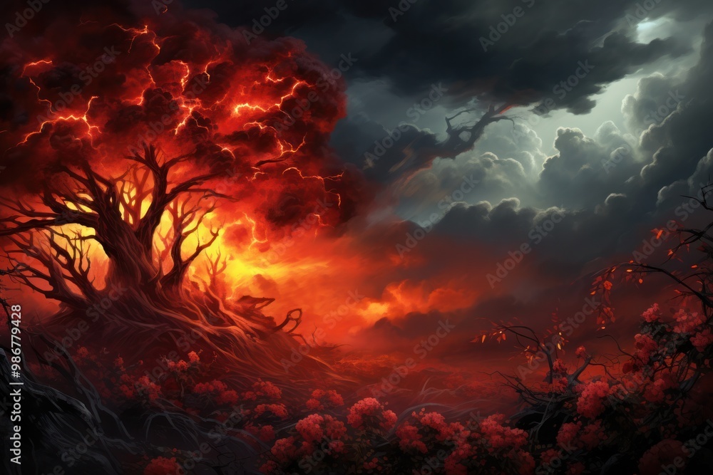 Fototapeta premium A vibrant red and orange bush with flames emanating from its leaves, set against a dark, dramatic sky with scattered clouds