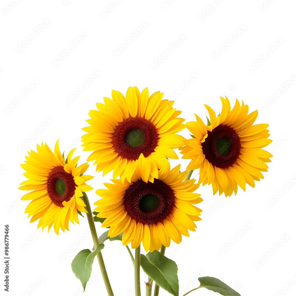 Fototapeta premium Sunflowers isolated on transparent background with clipping path. Front view.