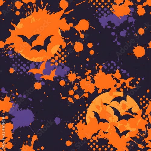 Halloween Bats and Moon with Splatter Background Seamless Pattern.