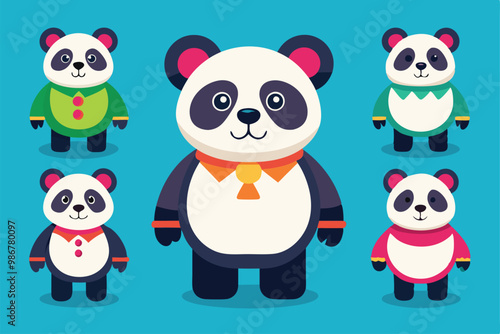 Several pandas are showcased wearing colorful outfits, featuring fun designs and expressions, Customizable flat illustrations of pandas.