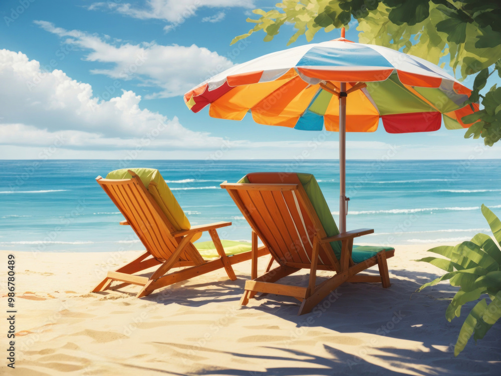 Beach umbrella with chairs, inflatable ring on beach sand. Beach umbrella with chairs, inflatable ring on beach sand.