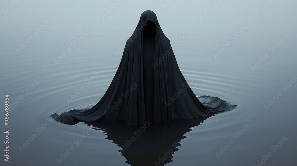 Dark figure wearing black cloak standing in water Dark figure wearing black cloak standing in water